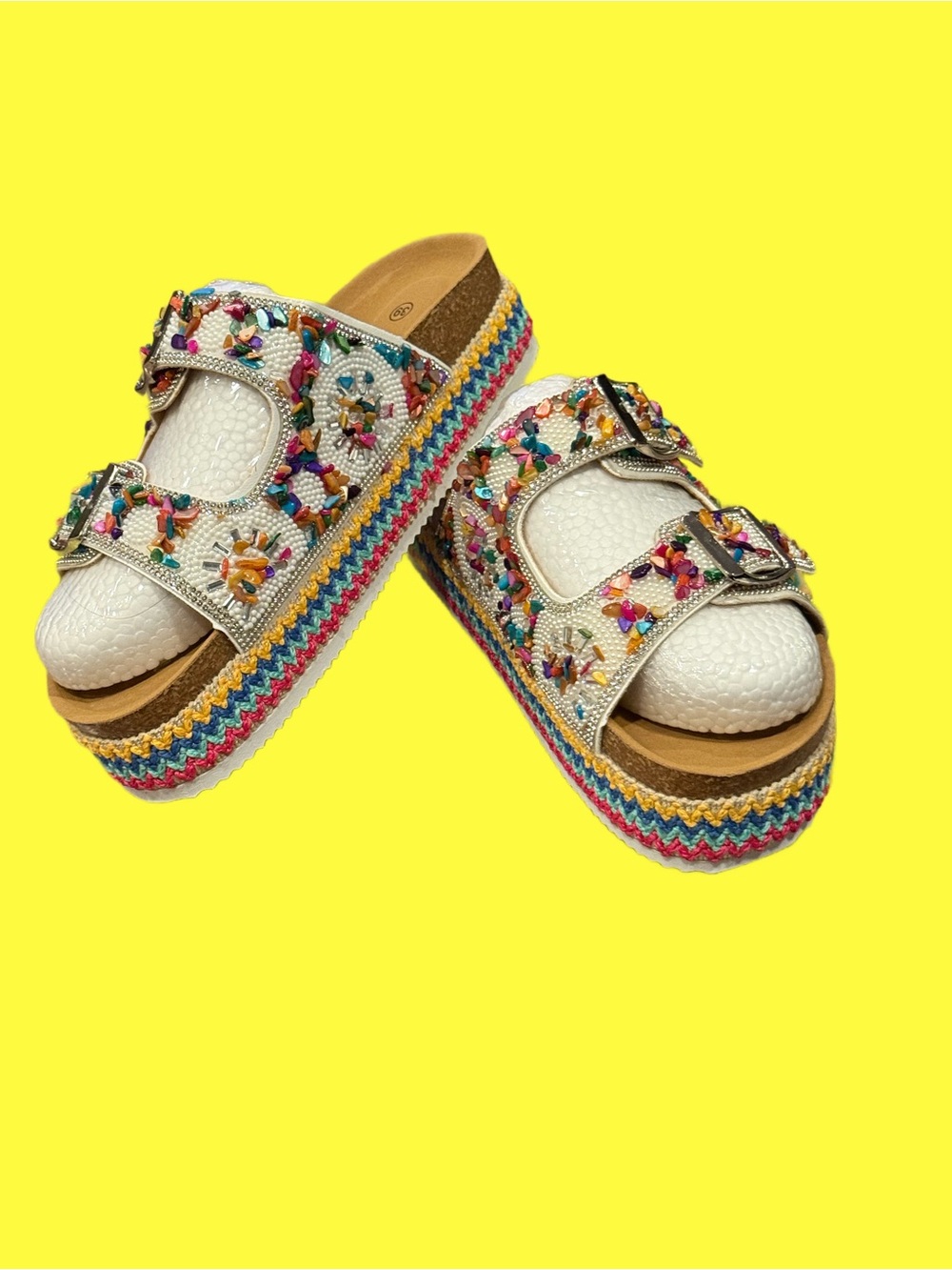 White Beaded Platform Sandals with Multicolor Trim